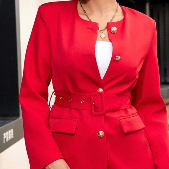 RED BELTED SINGLE BREASTED BLAZER CHIC CLASSY FALL WINTER - Picture 3 of 6